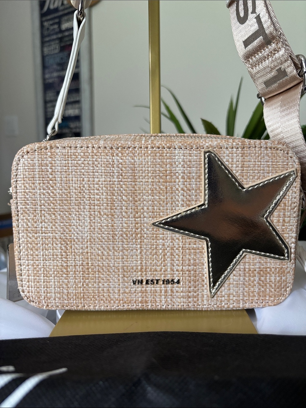 Vintage Havana Beige Woven Crossbody with Gold Star